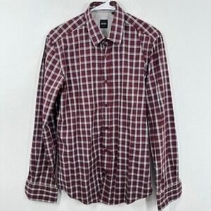 Boss Hugo Boss Mens Medium‎ Slim Fit Maroon Plaid Button Down Long Sleeve Shirt